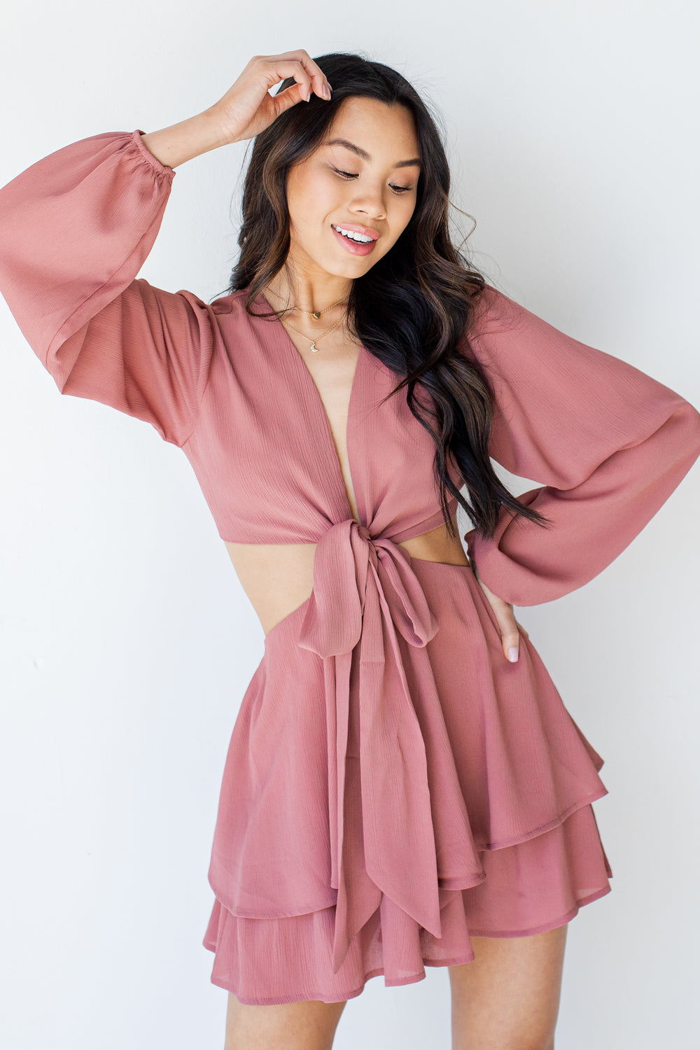 Ruffled Cutout Romper in mauve