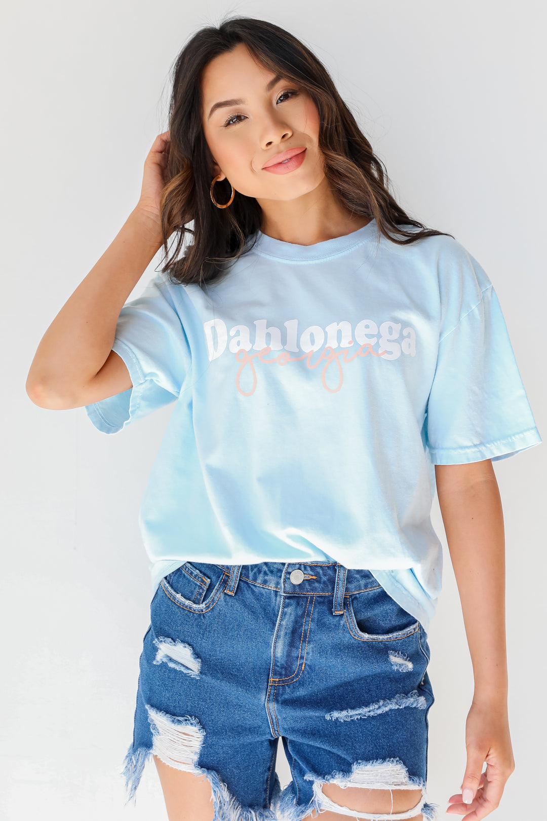 Light Blue Dahlonega Georgia Script Tee on model