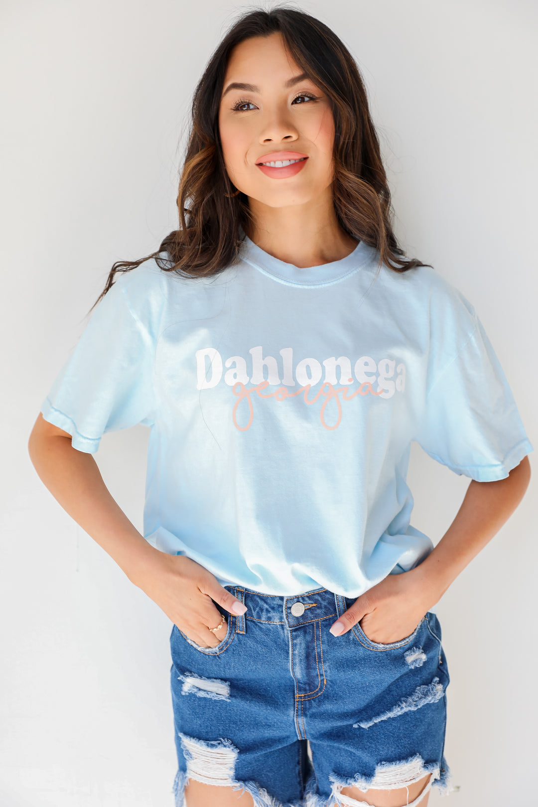 Light Blue Dahlonega Georgia Script Tee front view