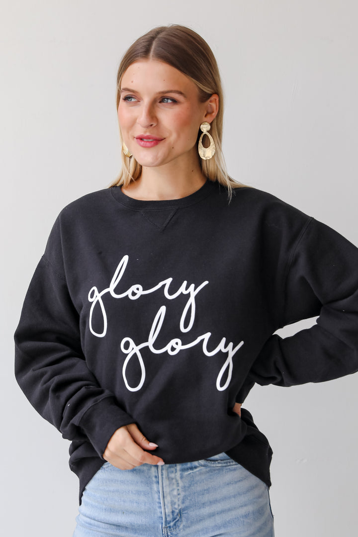 Black Glory Glory Script Pullover on model