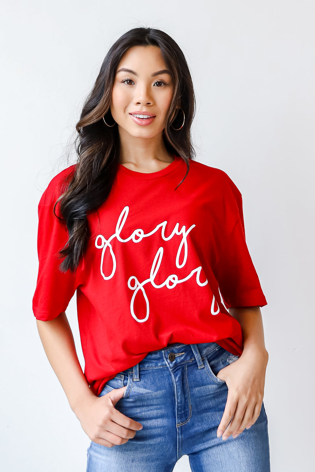 Red Glory Glory Script Tee on model