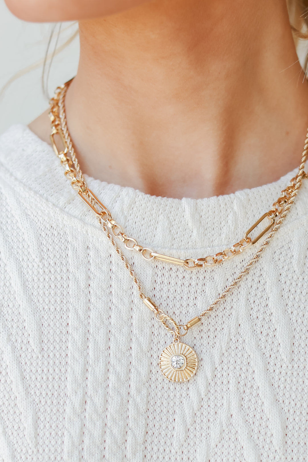 Gold Layered Necklace on model