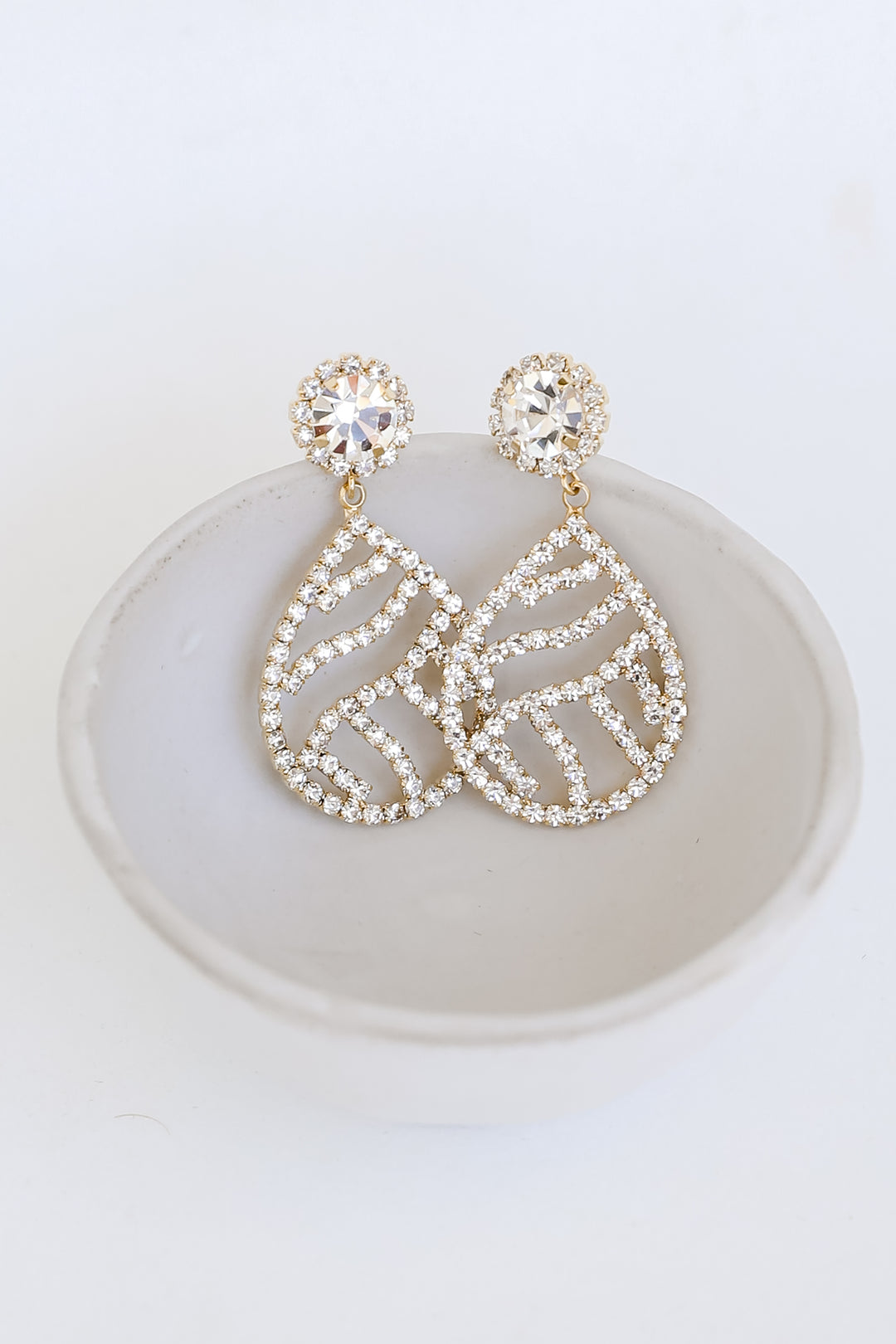 Gold Rhinestone Teardrop Earrings close up