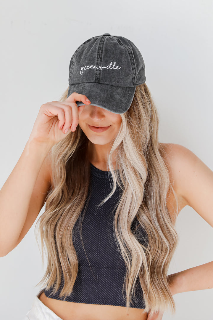 Greenville Script Embroidered Hat in black on model