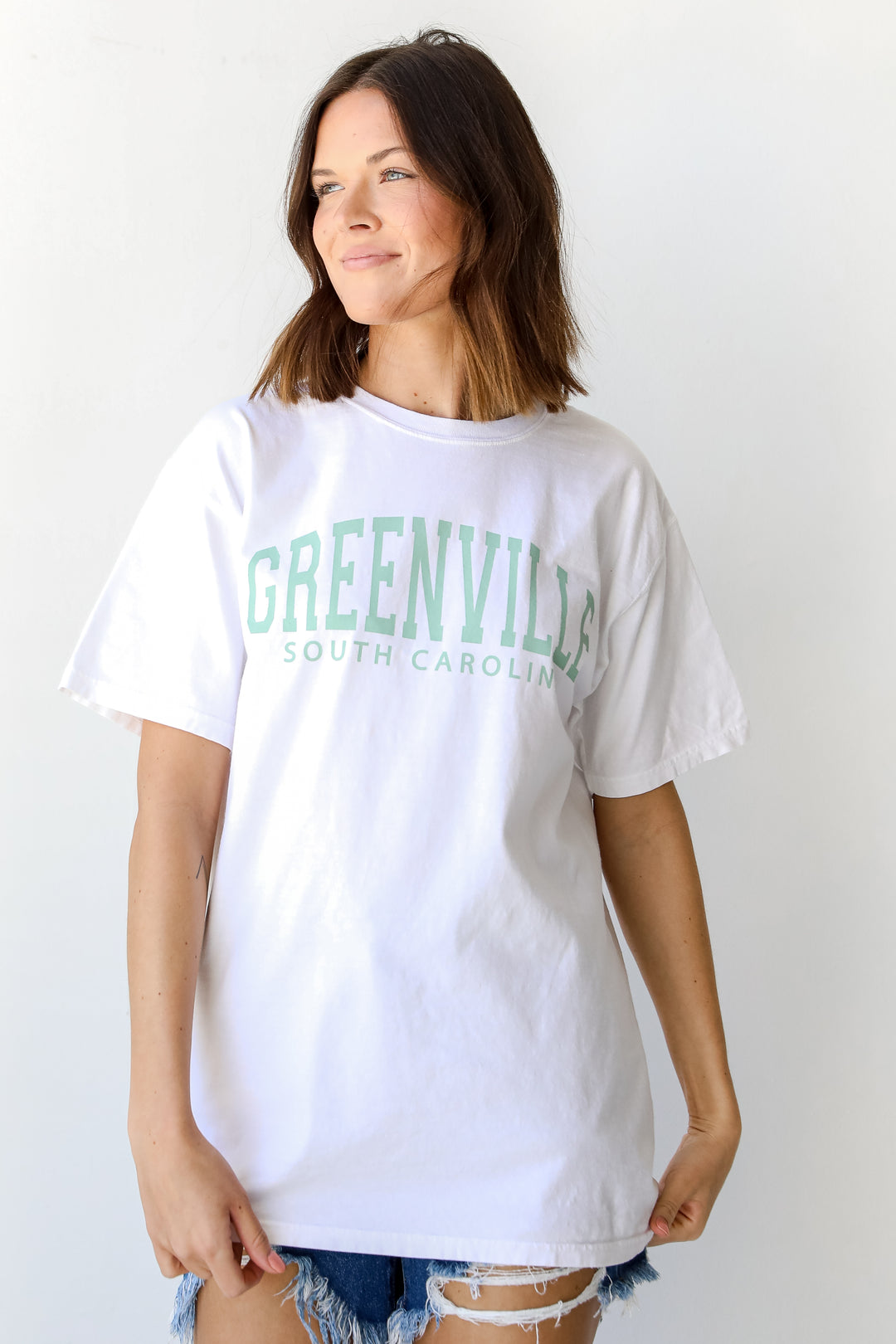 White Greenville South Carolina Tee on model