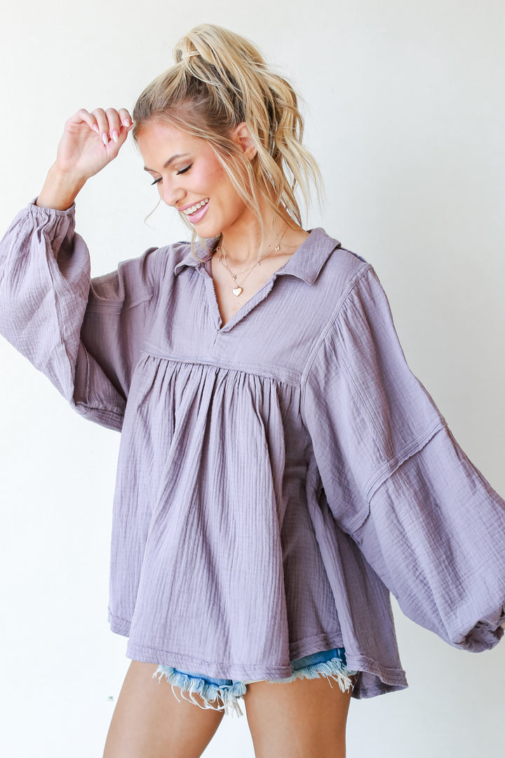 Linen Babydoll Blouse on model