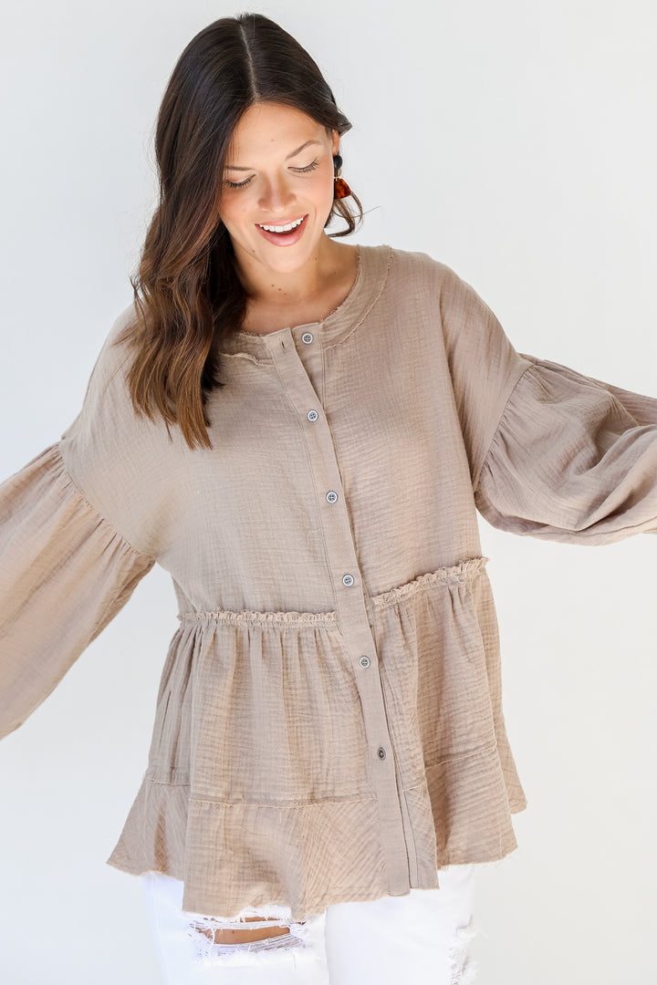 Linen Blouse in mocha front view