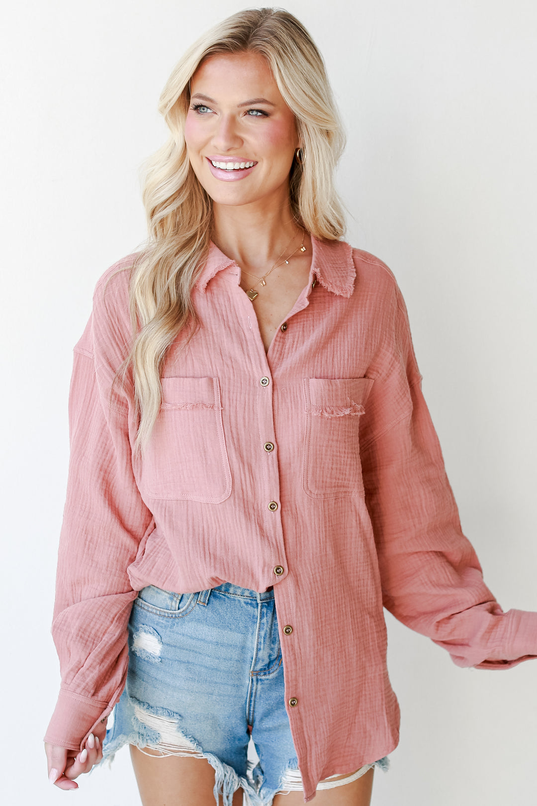 Linen Blouse in blush on model