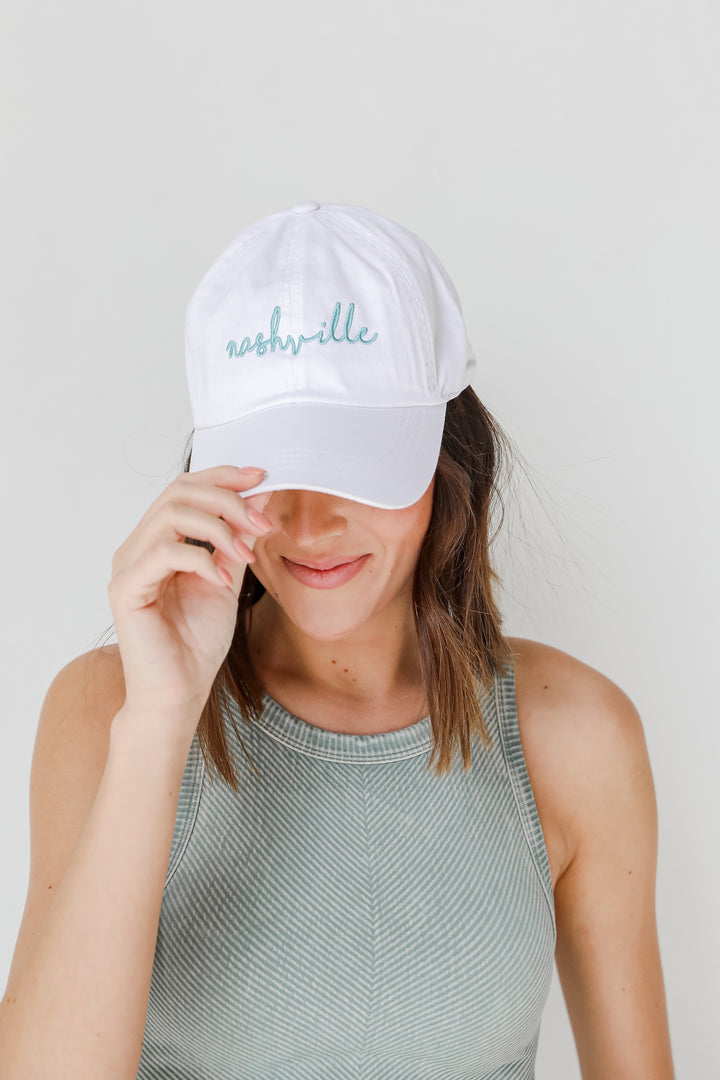 Nashville Script Embroidered Hat in seafoam on model