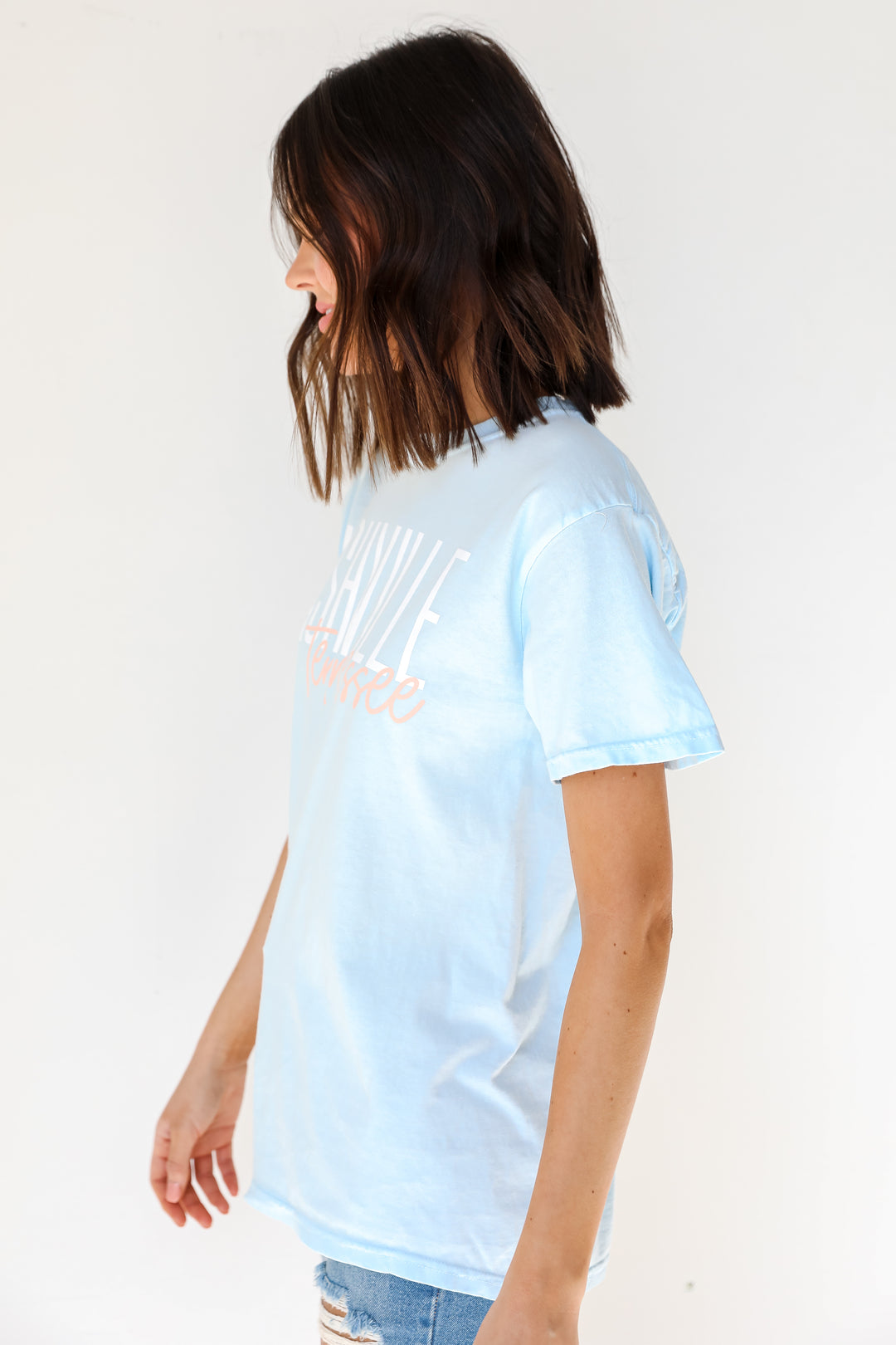 Light Blue Nashville Tennessee Script Tee side view