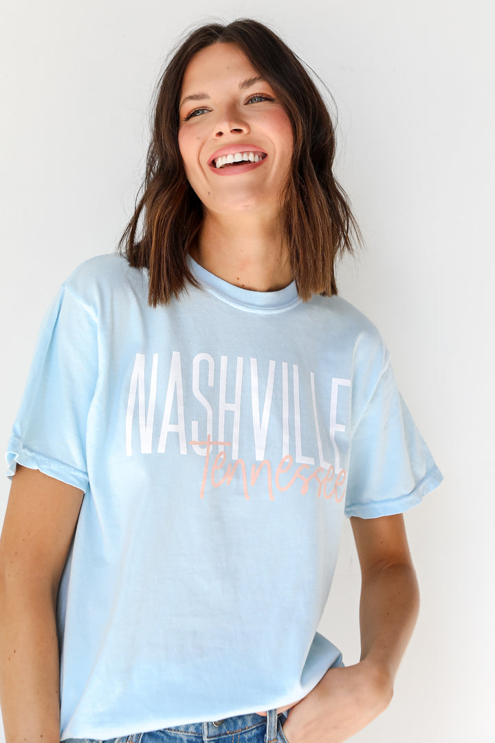 Light Blue Nashville Tennessee Script Tee on model