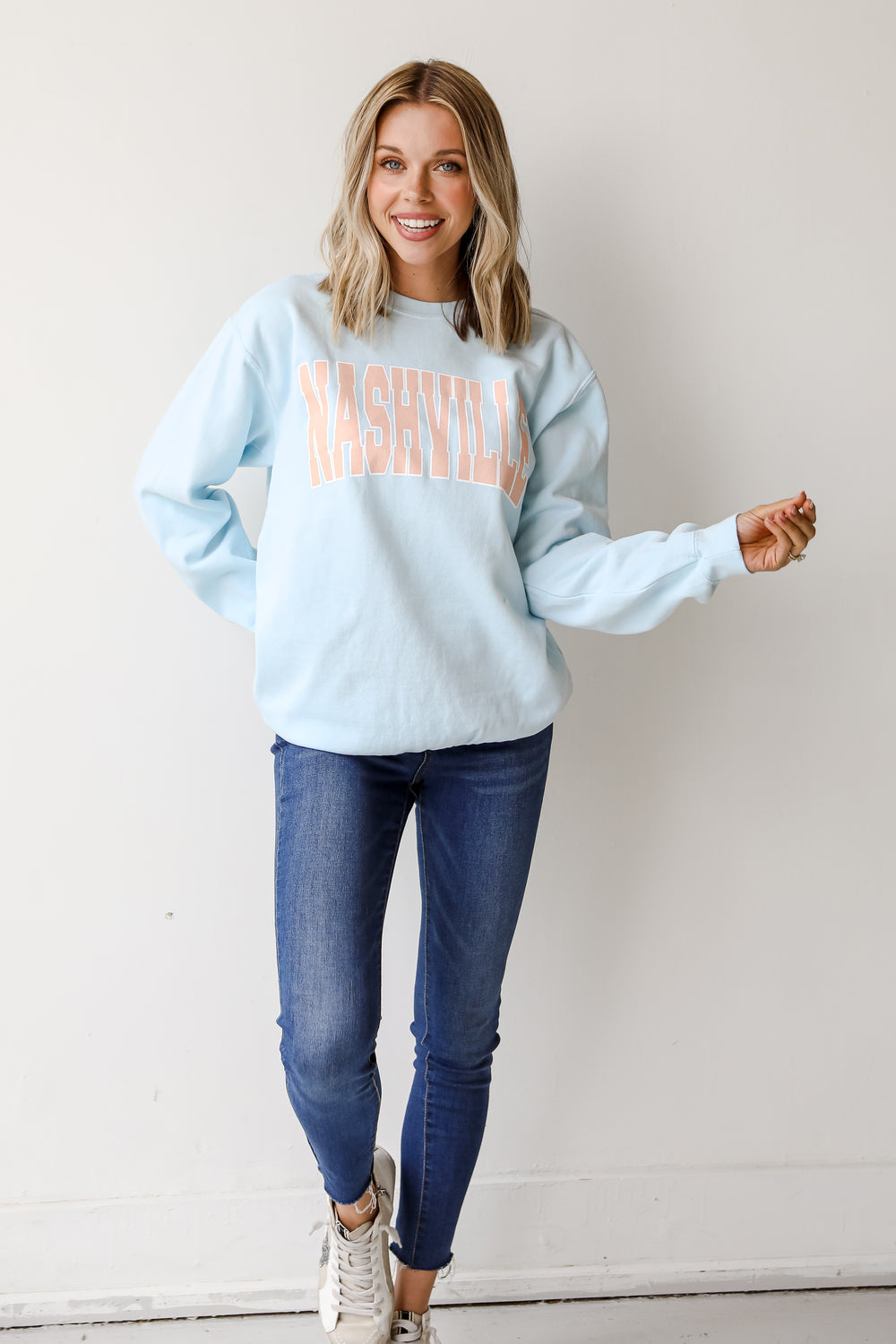 Light Blue Nashville Pullover on model