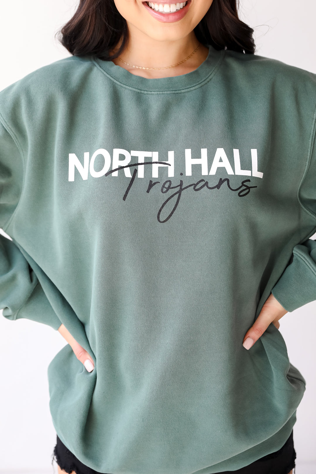 Green North Hall Trojans Pullover on model