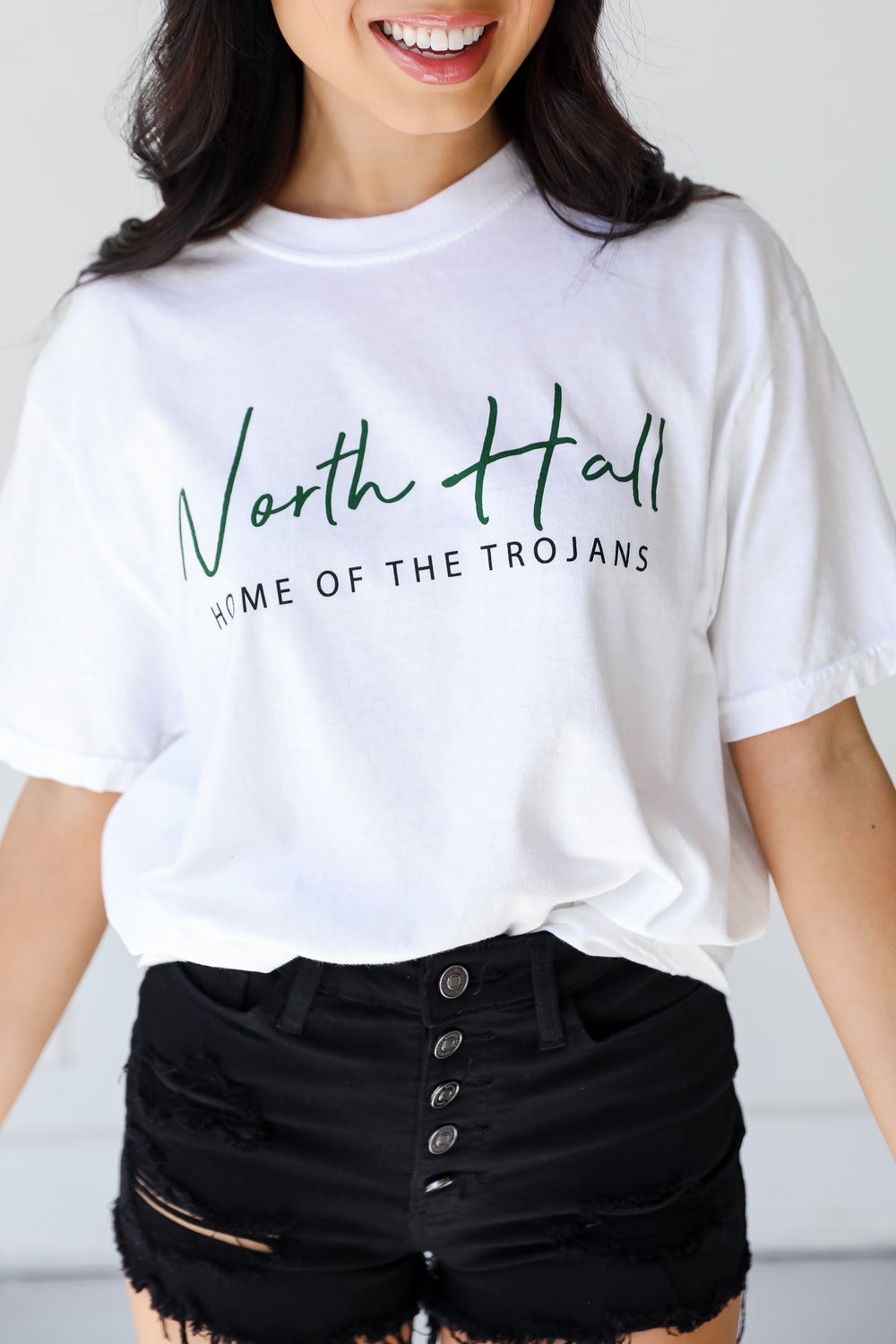 White North Hall Trojans Tee on model