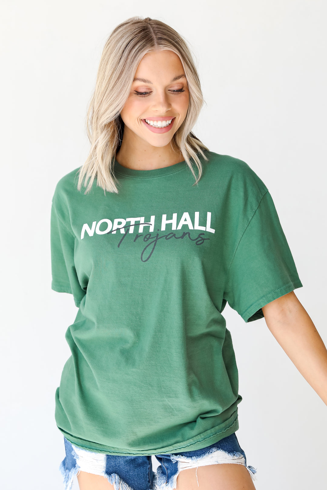 Green North Hall Trojans Tee on model