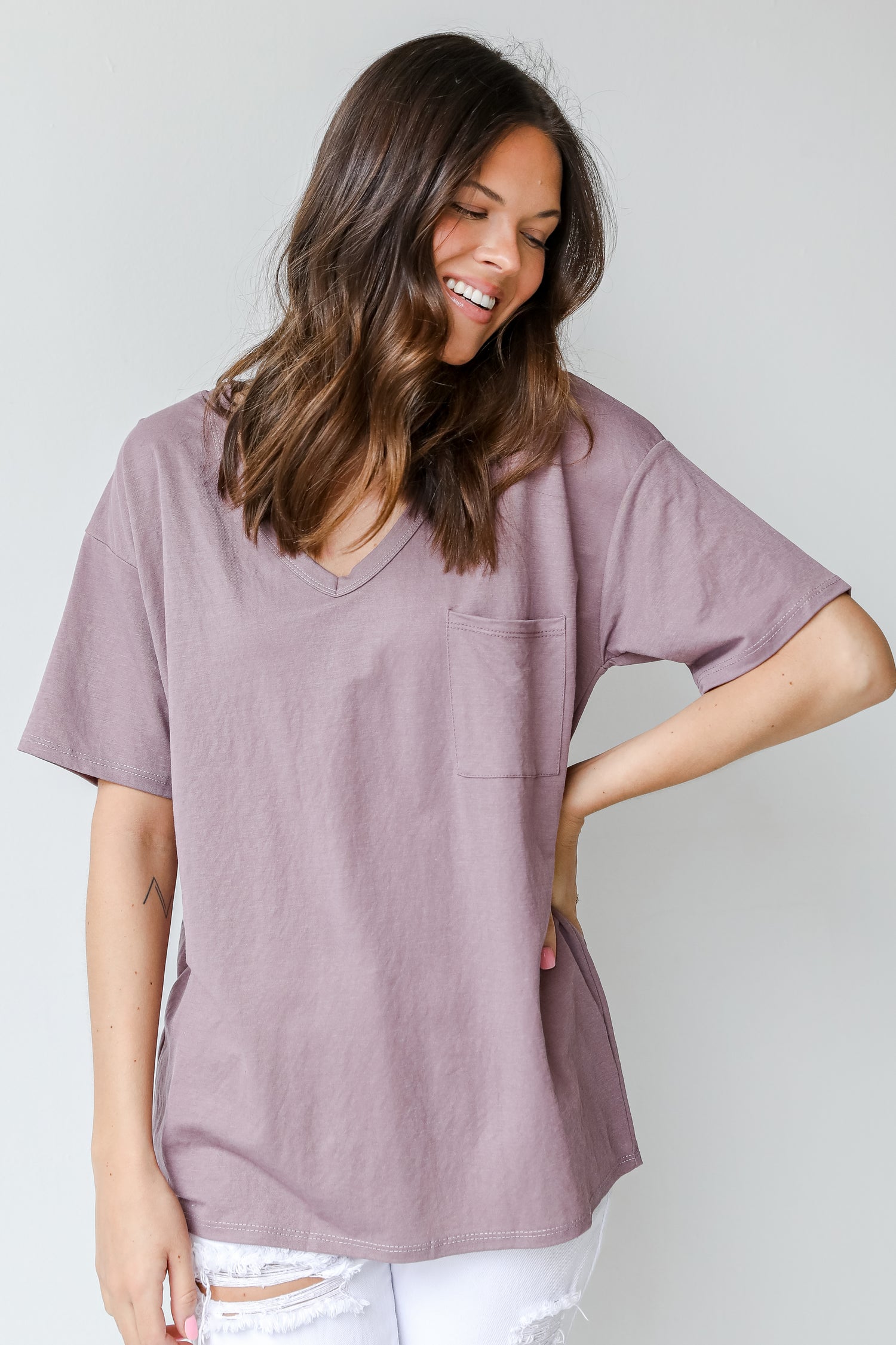 Tee in lavender on model