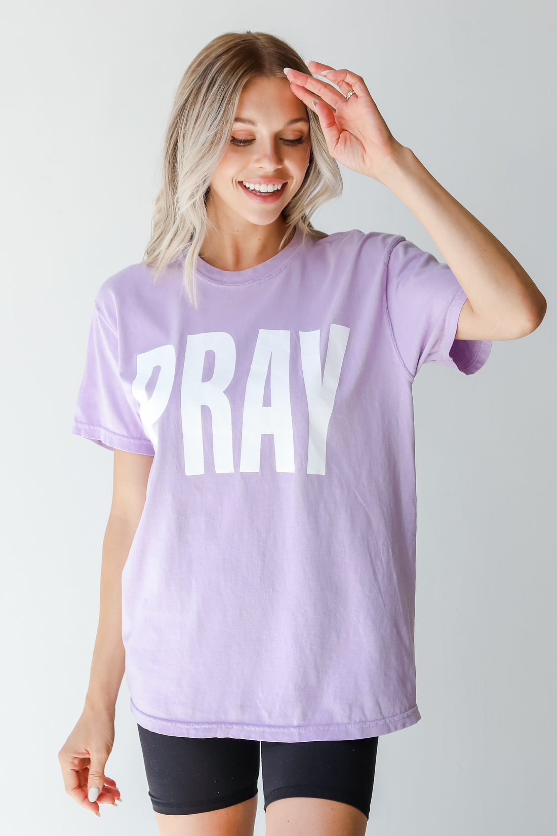 Lavender Pray Tee on model