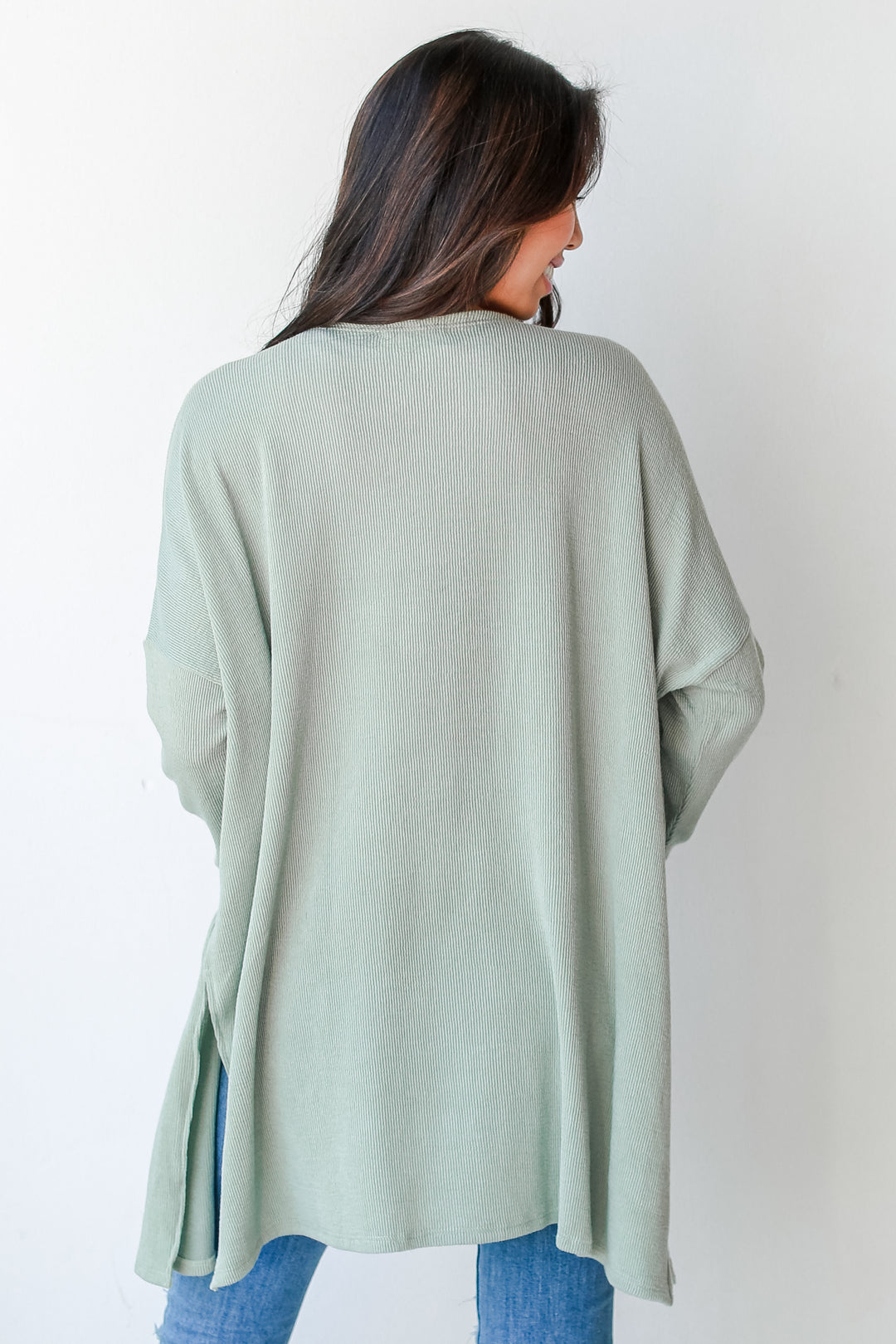 Ribbed Cardigan in sage back view