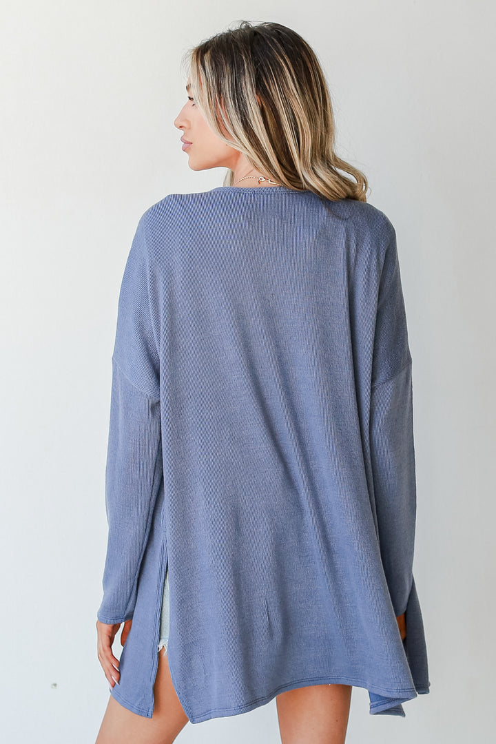 Ribbed Cardigan in denim back view