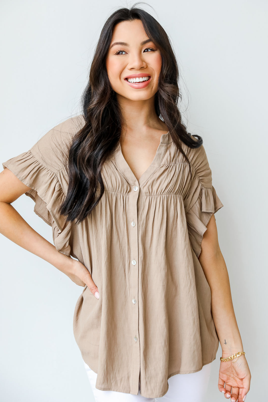 Ruffle Blouse in mocha