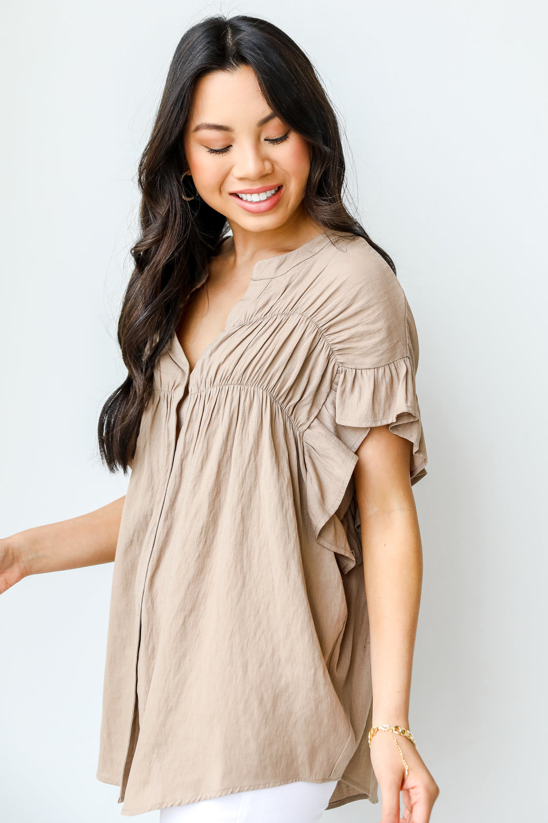 Ruffle Blouse in mocha side view