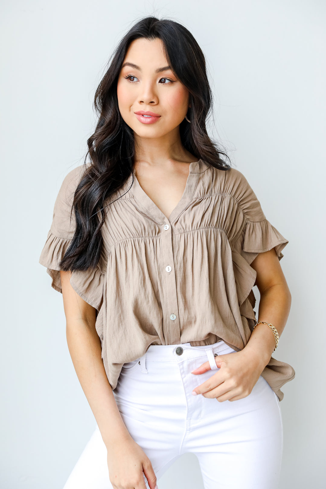 Ruffle Blouse in mocha front view