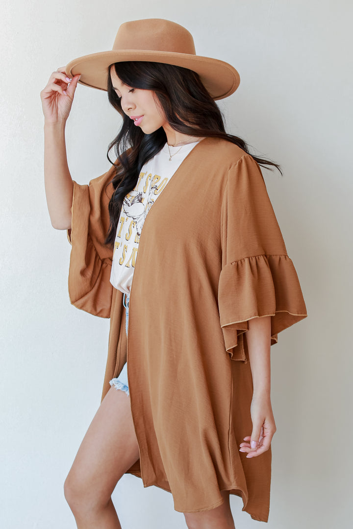 Ruffle Kimono in camel side view