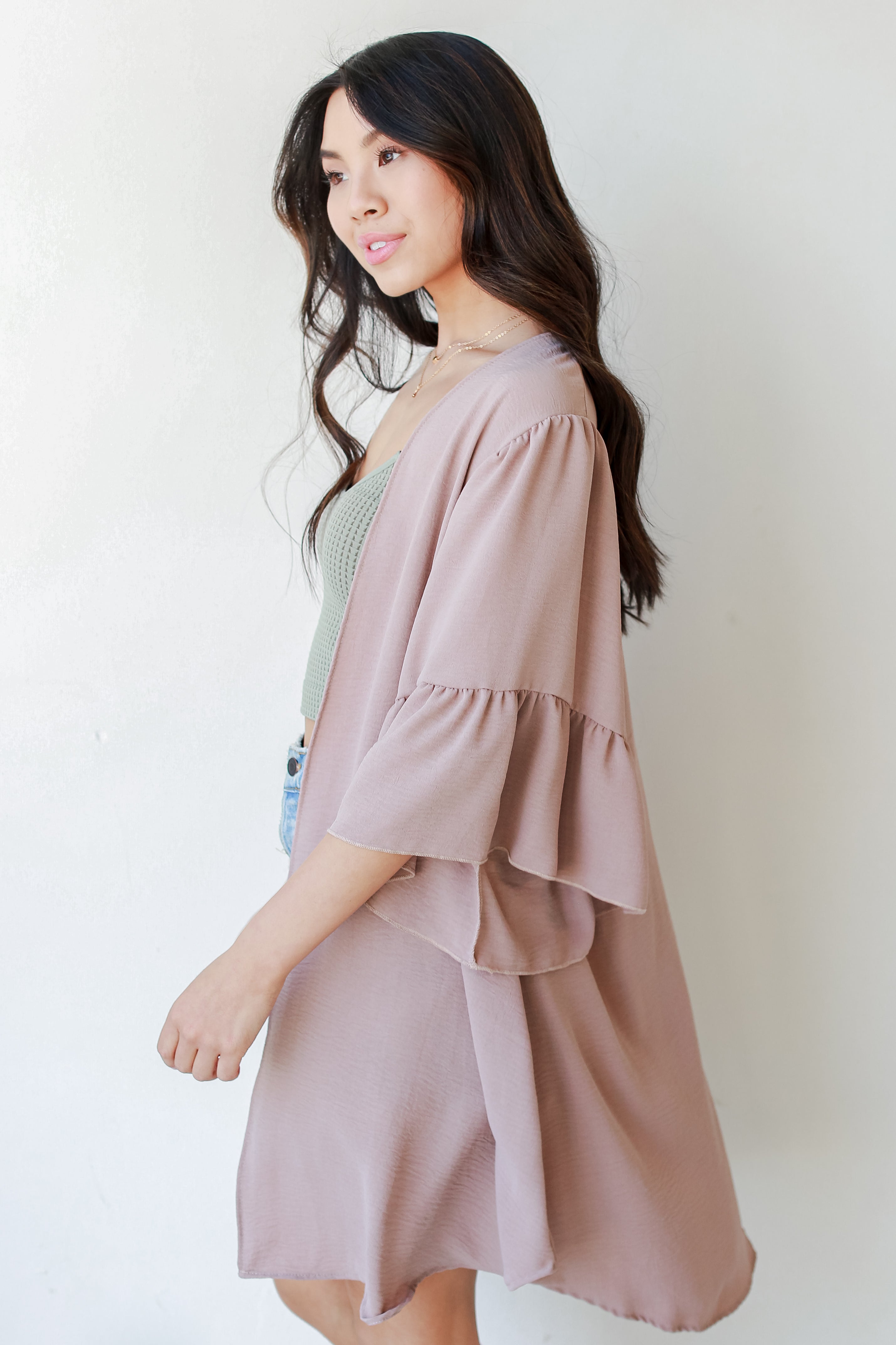 Ruffle Kimono in taupe side view