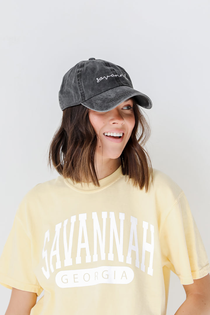 Savannah Script Embroidered Hat in black on model