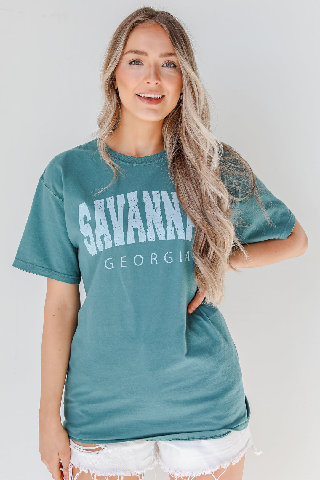 Teal Savannah Georgia Tee on model