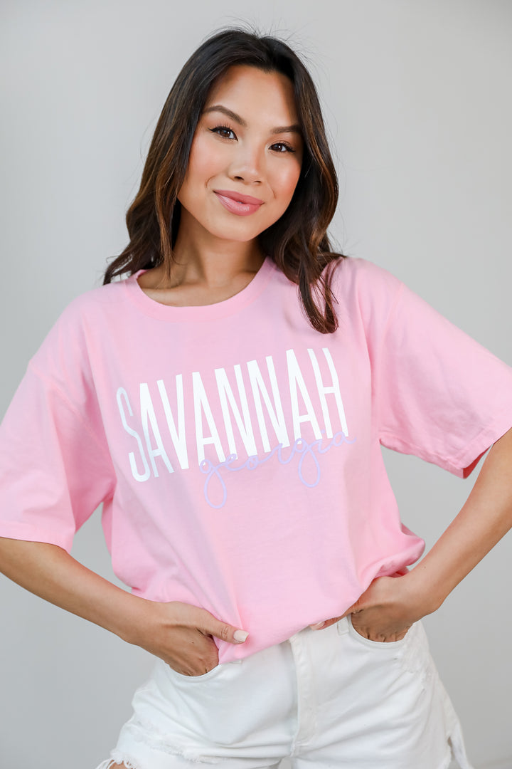 Pink Savannah Georgia Script Tee on model