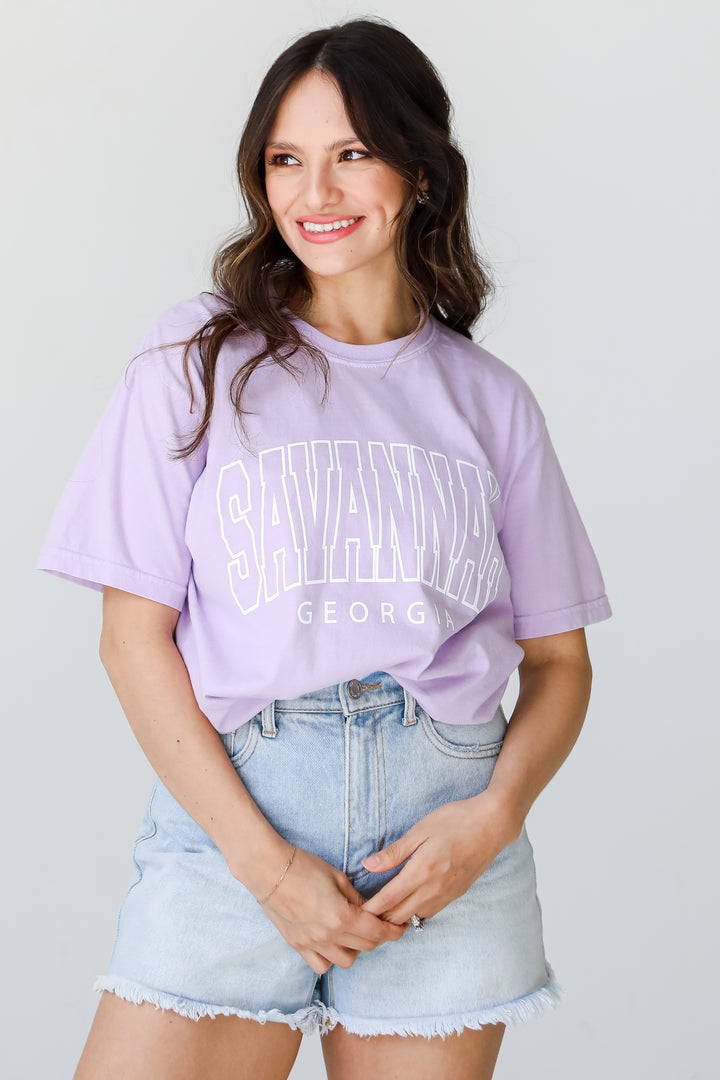 Lavender Savannah Georgia Block Letter Tee on model