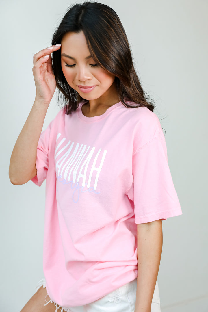 Pink Savannah Georgia Script Tee side view