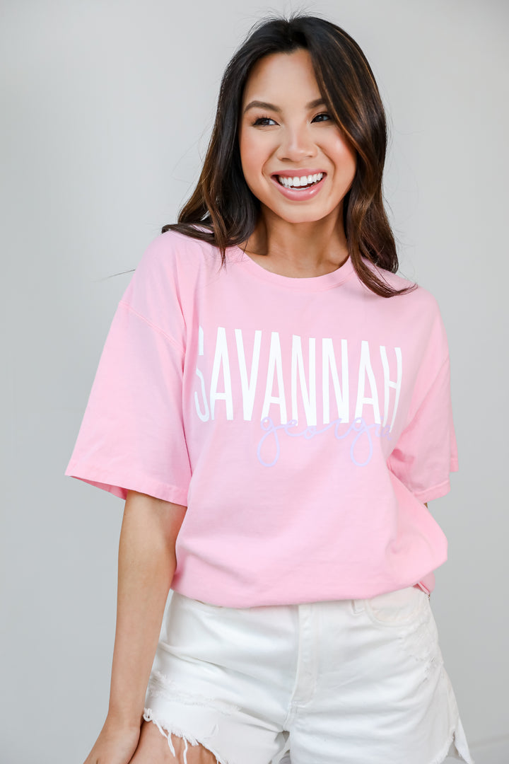 Pink Savannah Georgia Script Tee front view