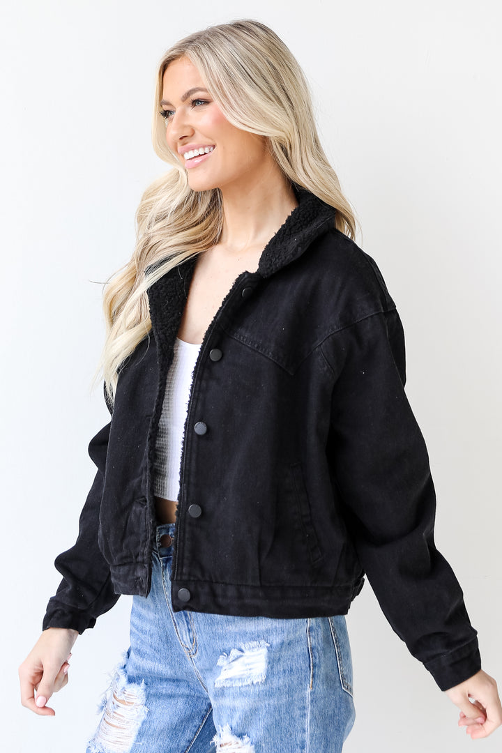 Sherpa Denim Jacket in black side view