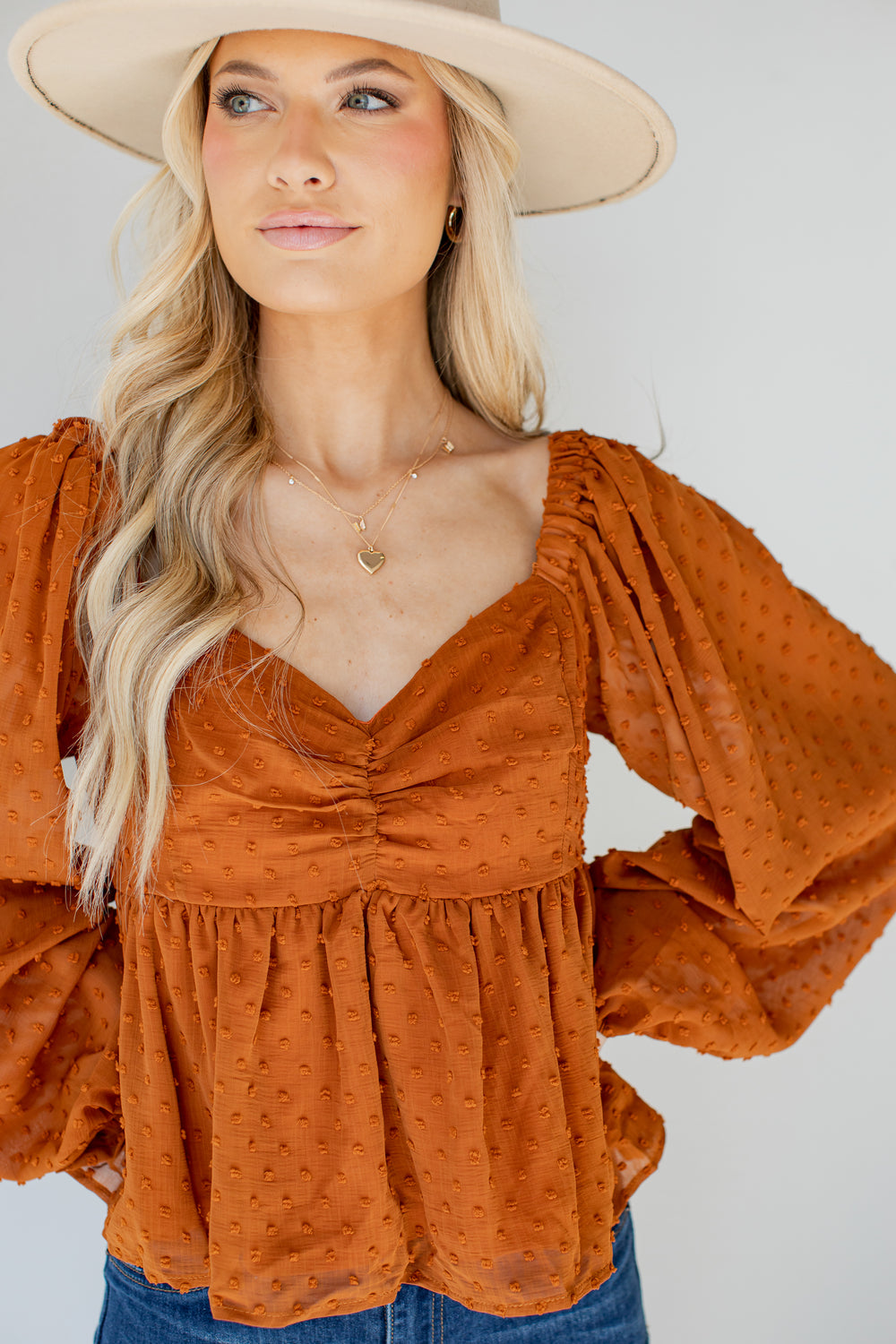 Swiss Dot Babydoll Blouse in rust