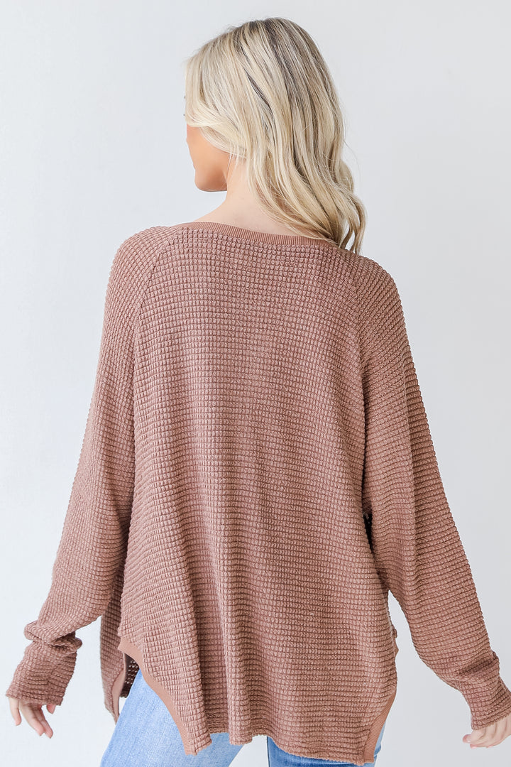 Waffle Knit Henley Top in mocha back view