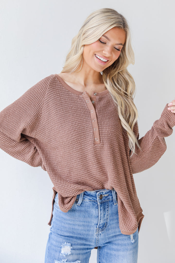 Waffle Knit Henley Top in mocha front view