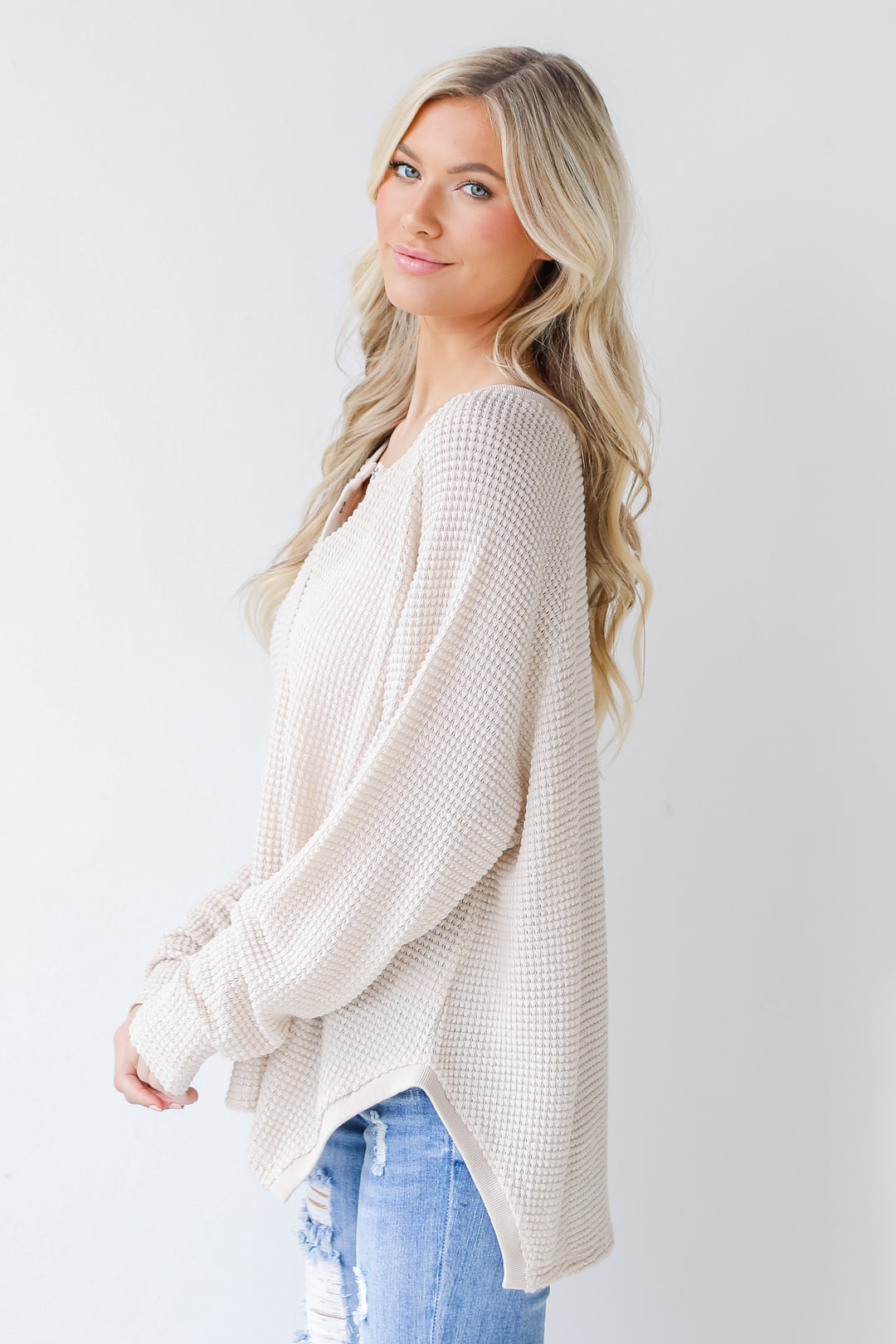 Waffle Knit Henley Top in ivory side view