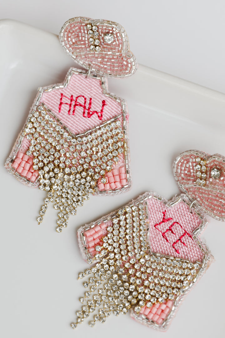 close up of Yeehaw Beaded Rhinestone Fringe Earrings